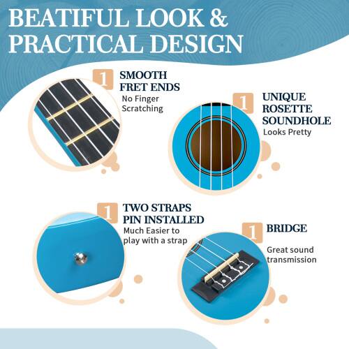 BEATIFUL LOOK & PRACTICAL DESIGN

1. SMOOTH FRET ENDS
   No Finger Scratching

2. UNIQUE ROSETTE SOUNDHOLE
   Looks Pretty

3. TWO STRAPS PIN INSTALLED
   Much Easier to play with a strap

4. BRIDGE
   Great sound transmission