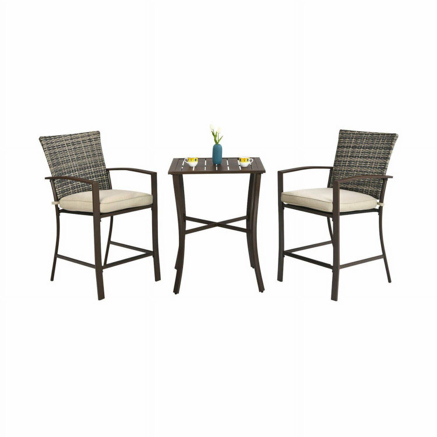 Left. Kadyn - 3 Pieces Rattan Bar Furniture Set with Slat Table and 2 Cushioned Stools-Brown, Outdoor Dining Chair for Outside Patio - Brown.
