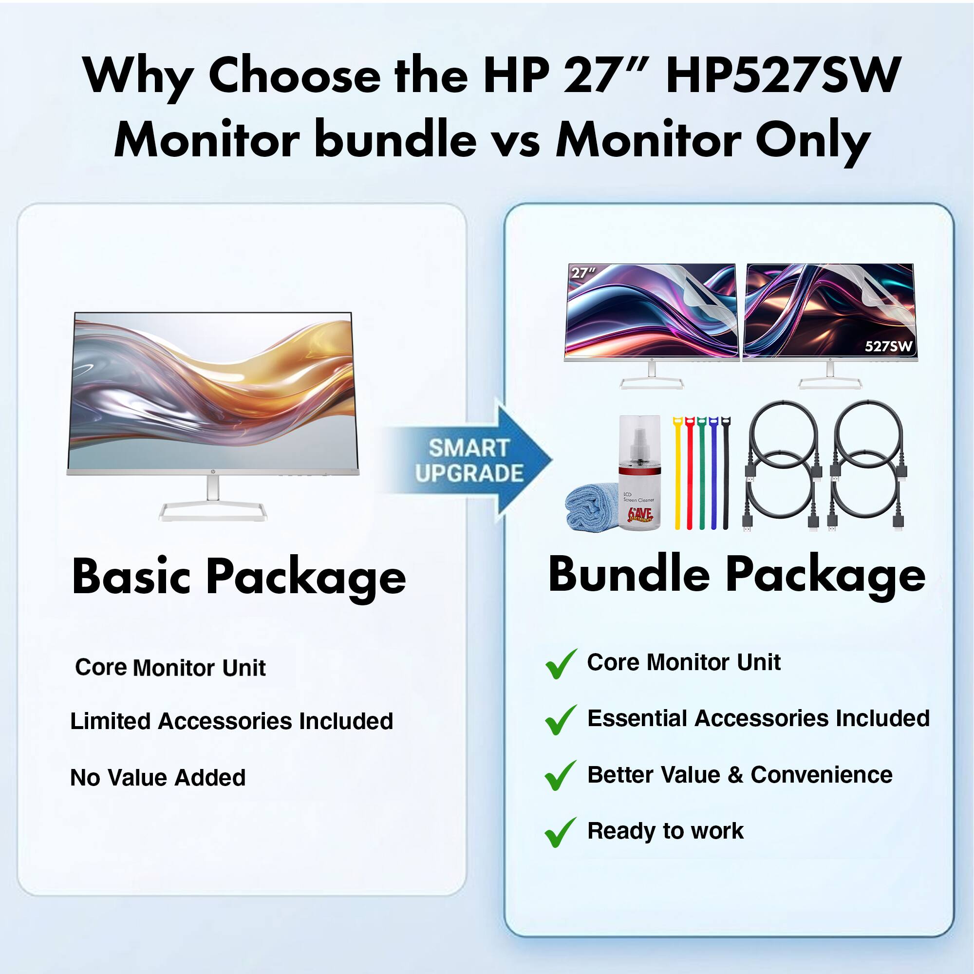 Why Choose the HP 27" HP527SW Monitor bundle vs Monitor Only

Basic Package
- Core Monitor Unit
- Limited Accessories Included
- No Value Added

Bundle Package
- Core Monitor Unit
- Essential Accessories Included
- Better Value & Convenience
- Ready to work