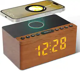 Dazzed Corner - Wooden Bluetooth Speaker, Alarm Clock Wireless Charging Station - Light Brown