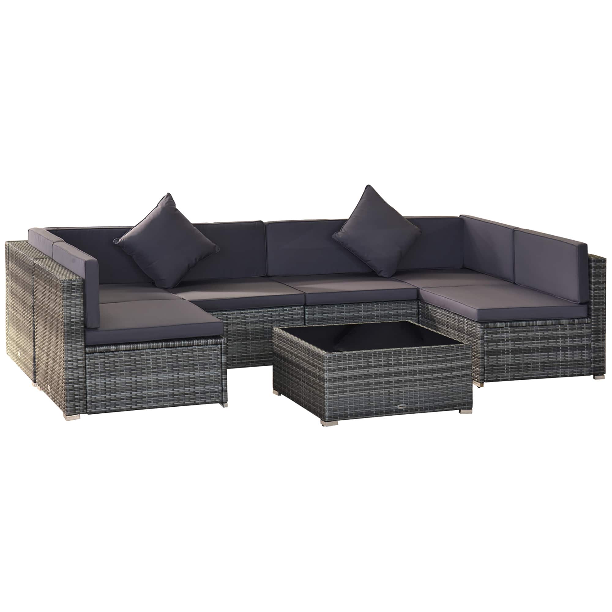 Outsunny - 7-Piece Patio Furniture Set, Outdoor Wicker Conversation Set, All Weather PE Rattan Sectional Sofa Set - Dark Brown and Dark Grey