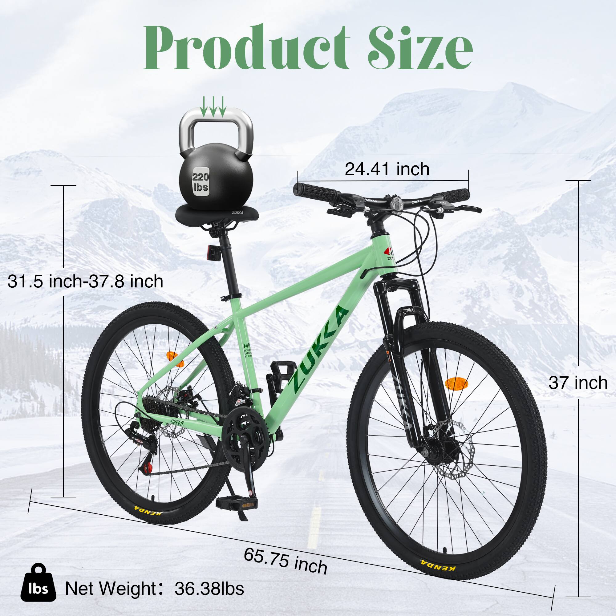 Product Size

- Product Size: 220 lbs
- Seat Height: 24.41 inch
- Handlebar Height: 31.5 inch - 37.8 inch
- Wheel Size: 37 inch
- Frame Length: 65.75 inch
- Net Weight: 36.38 lbs

Brand: PUKKA
Tire Brand: KENDA