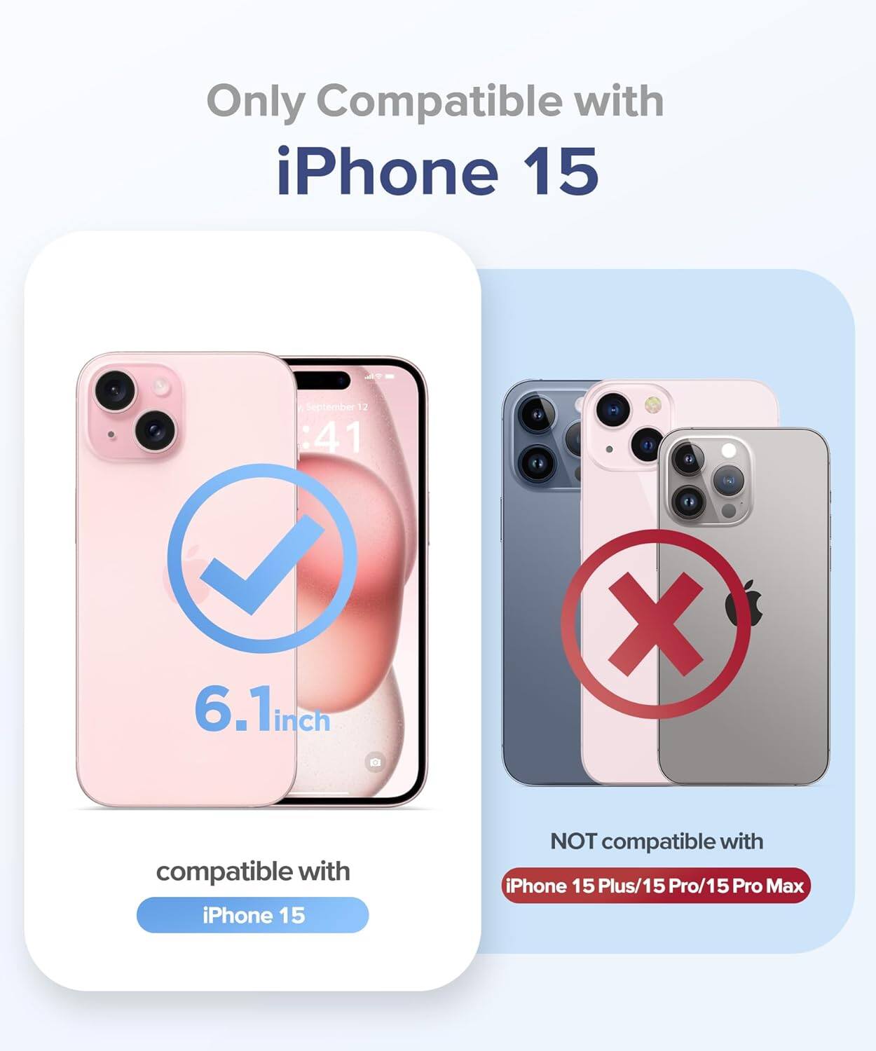 Only Compatible with iPhone 15

compatible with iPhone 15

NOT compatible with iPhone 15 Plus/15 Pro/15 Pro Max