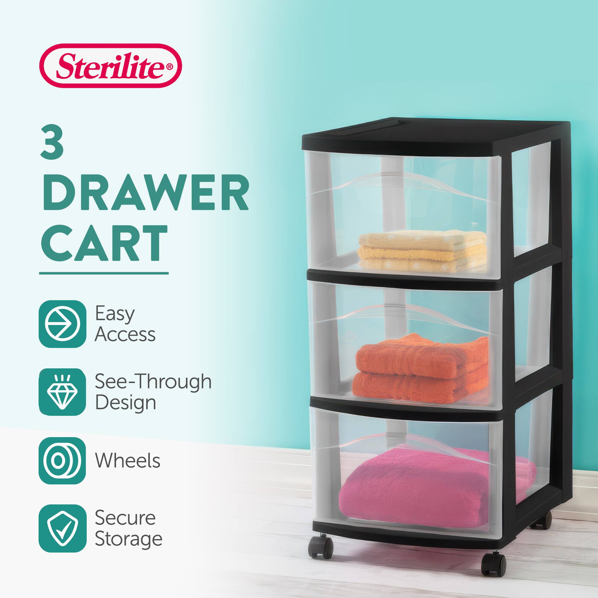 Sterilite 3 Drawer Cart  
Easy Access  
See-Through Design  
Wheels  
Secure Storage