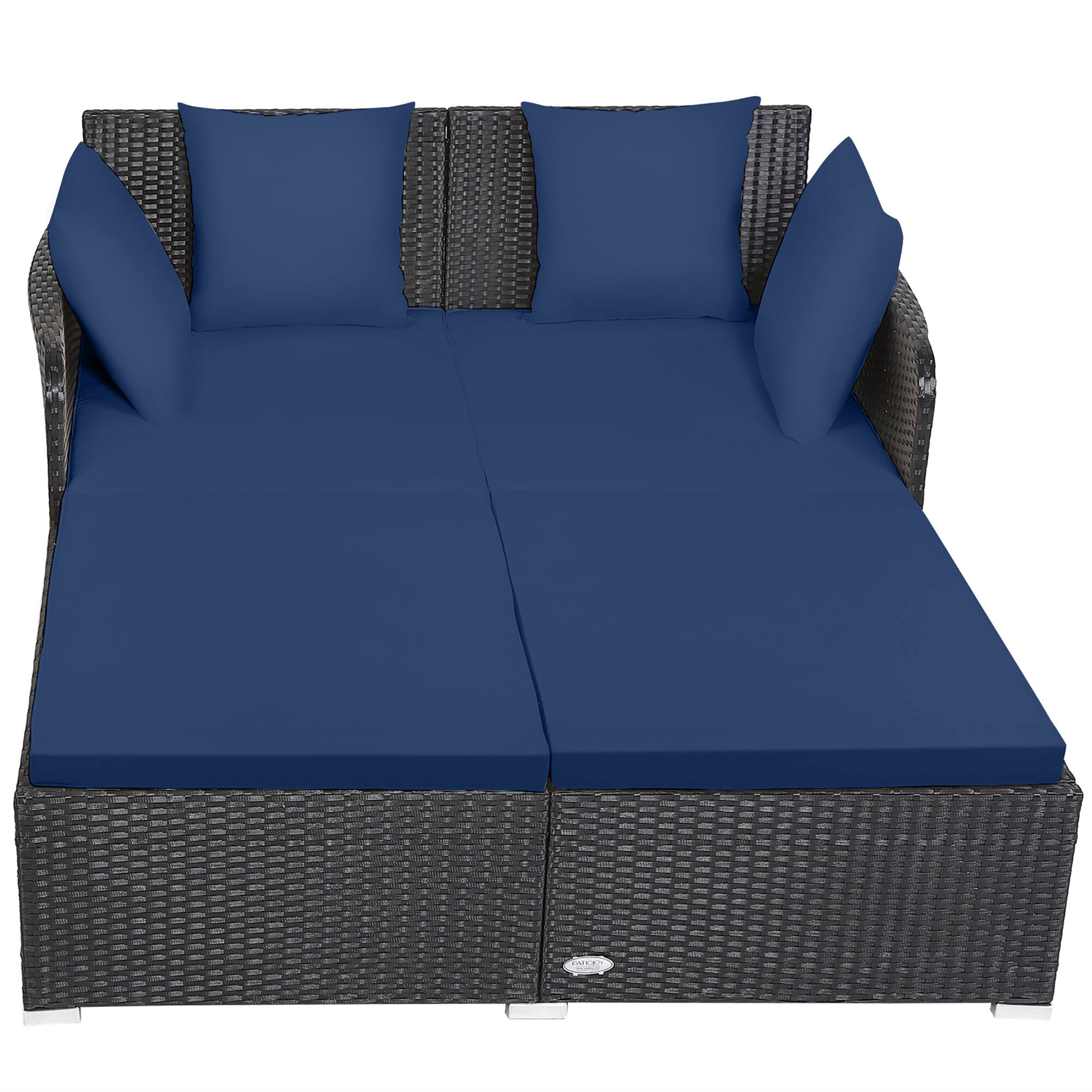 Angle. Costway - Outdoor Patio Rattan Daybed Pillows Cushioned Sofa Furniture - Navy.