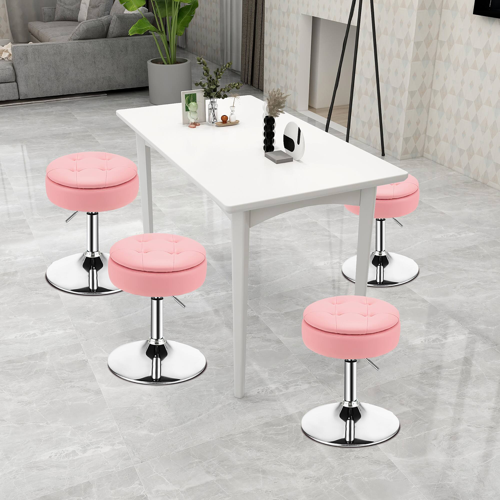 Alt View 1. Costway - Set of 4 Adjustable Vanity Stool 360° Swivel Storage Makeup Chair with  Tray - Pink.
