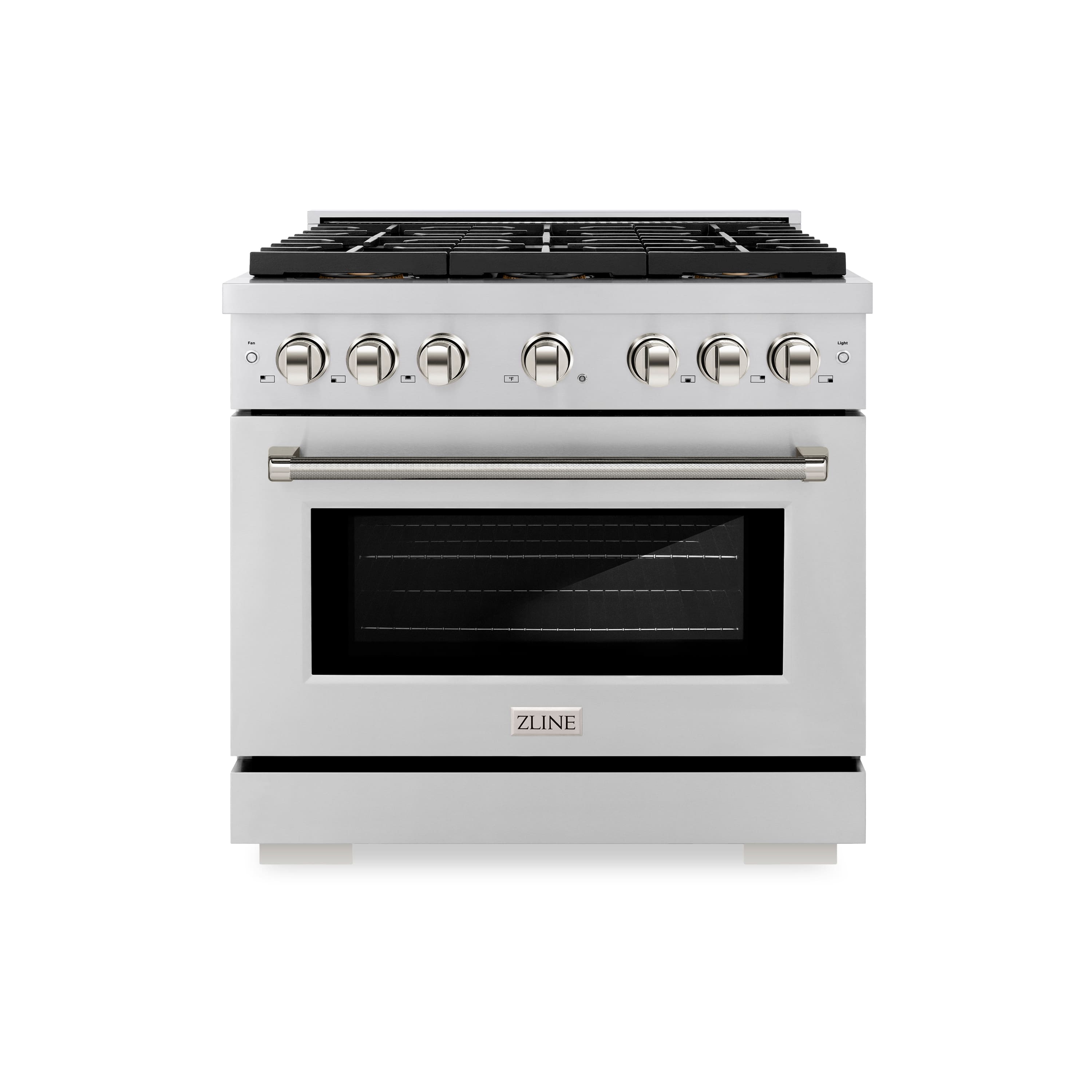 Front. ZLINE - ZLINE Autograph 36 in. 5.2 Cu. Ft. Freestanding Paramount DuoPro Gas Range in Stainless Steel with Nickel Helix Handle - Stainless Steel.