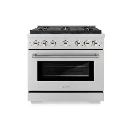 Front. ZLINE - ZLINE Autograph 36 in. 5.2 Cu. Ft. Freestanding Paramount DuoPro Gas Range in Stainless Steel with Nickel Helix Handle - Stainless Steel.