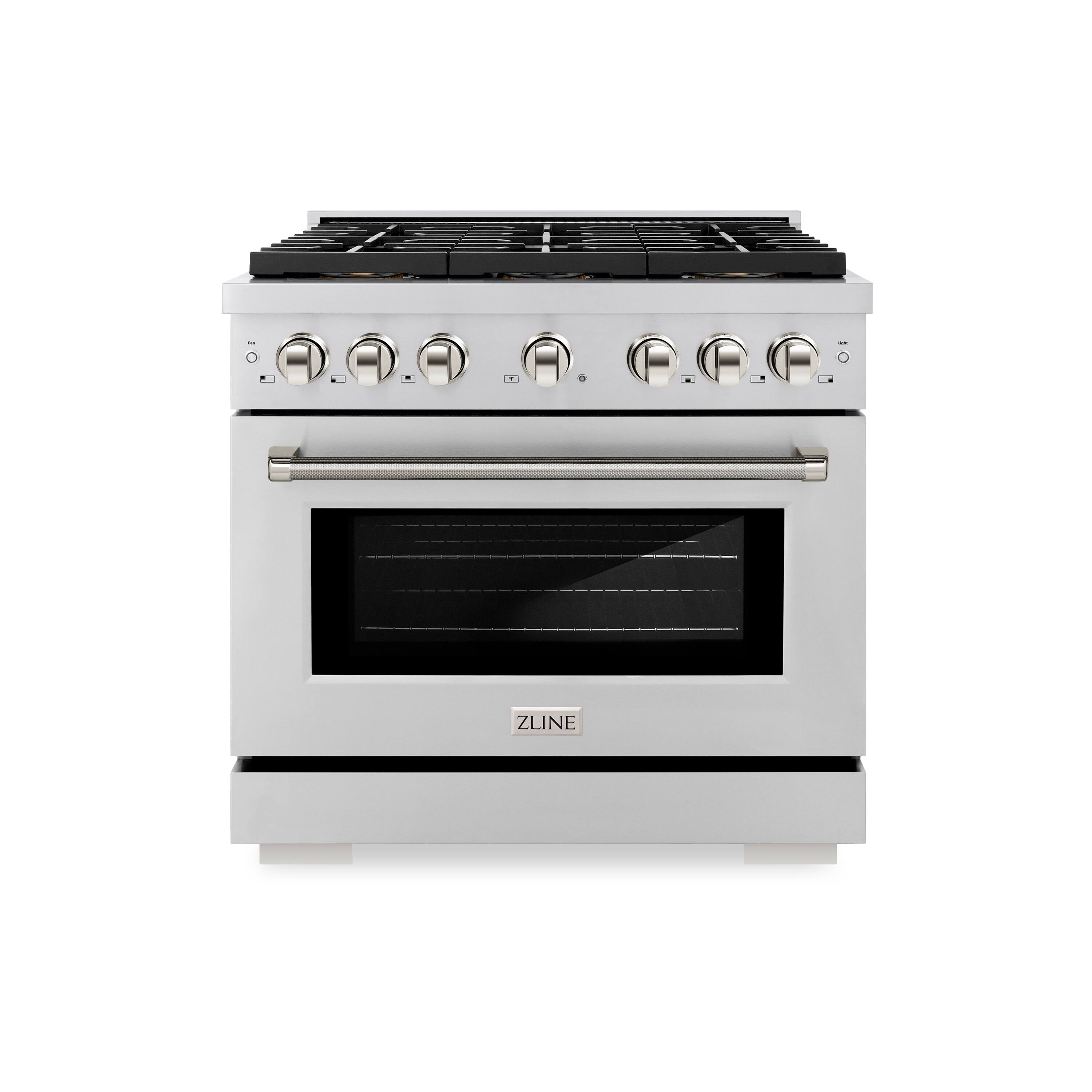 Front. ZLINE - ZLINE Autograph 36 in. 5.2 Cu. Ft. Freestanding Paramount DuoPro Gas Range in Stainless Steel with Nickel Helix Handle - Stainless Steel.
