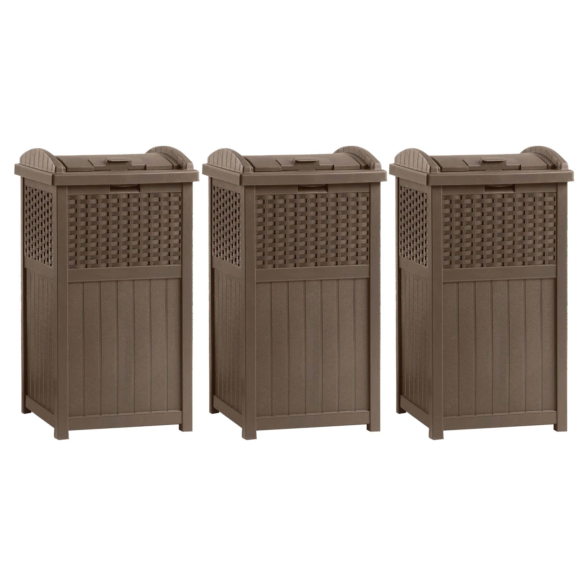 Front. Suncast - Suncast Trash Hideaway 33 Gallon Resin Wicker Outdoor Garbage Container (3 Pack) - Brown.