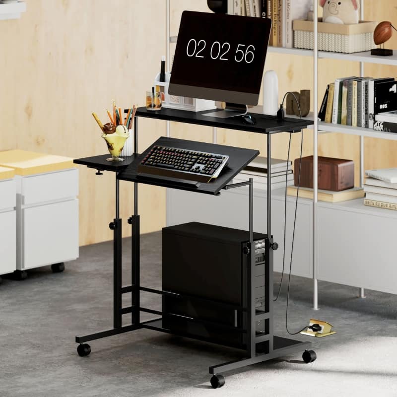 Anysun - 31.5" Adjustable Standing Desk with Power Outlets, Tiltable Tabletop & Wheels, Mobile Workstation for Home Office - Black