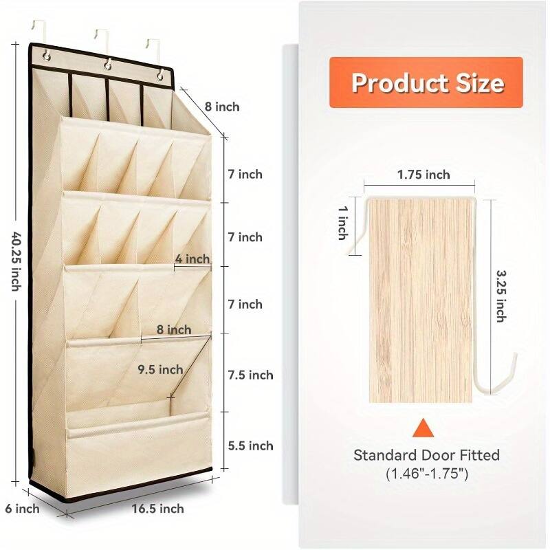 Product Size

- 40.25 inch (height)
- 16.5 inch (width)
- 6 inch (depth)

Standard Door Fitted (1.46"-1.75")

- 1.75 inch (thickness)
- 3.25 inch (width)
- 1 inch (height)

Shelf Dimensions:
- 8 inch (height)
- 7 inch (width)
- 4 inch (depth)
- 7 inch (height)
- 7 inch (width)
- 8 inch (height)
- 7 inch (width)
- 9.5 inch (height)
- 7.5 inch (width)
- 5.5 inch (depth)