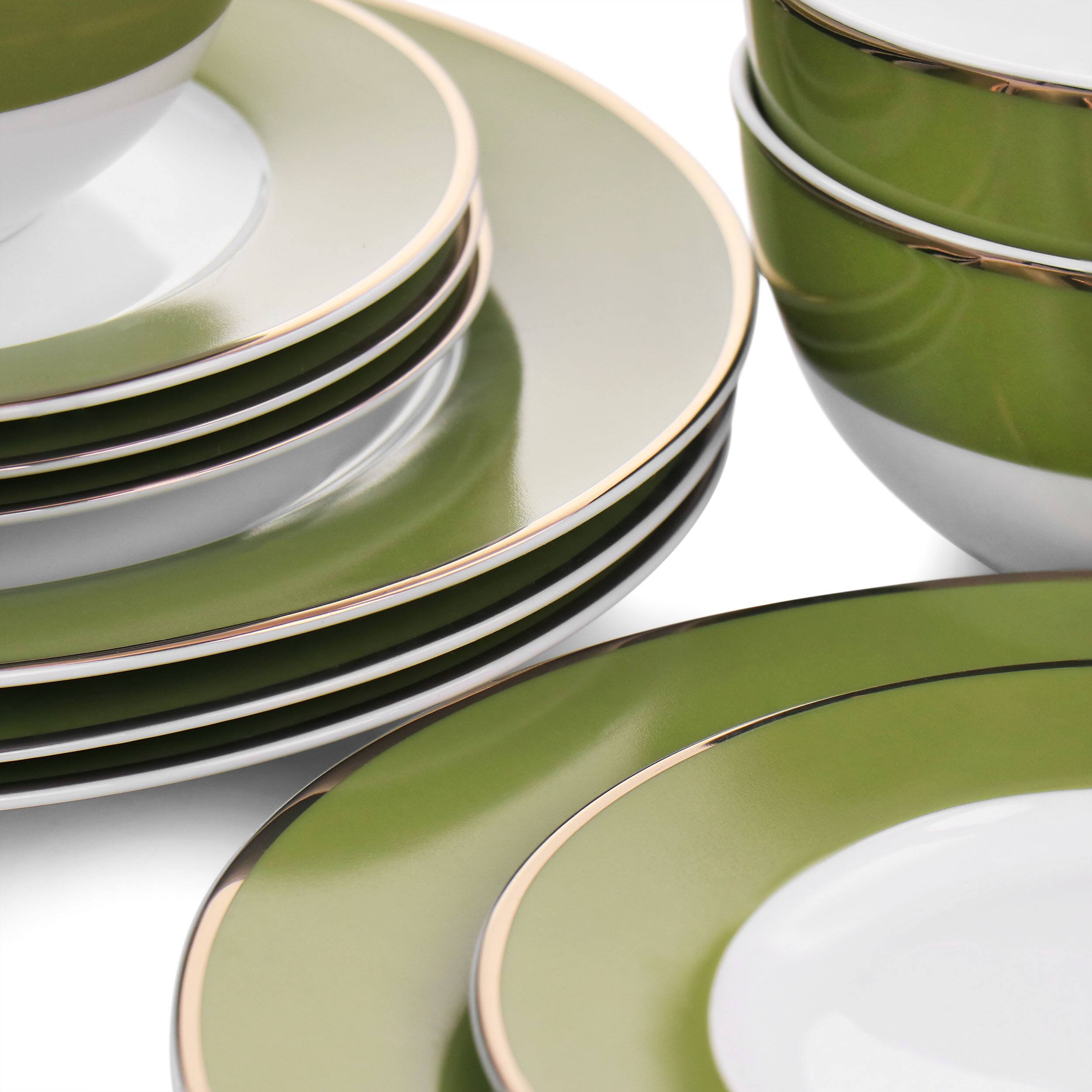 Alt View 5. Martha Stewart - Martha Stewart Gold Rimmed 12 Piece Fine Ceramic Dinnerware Set in Green - Green.
