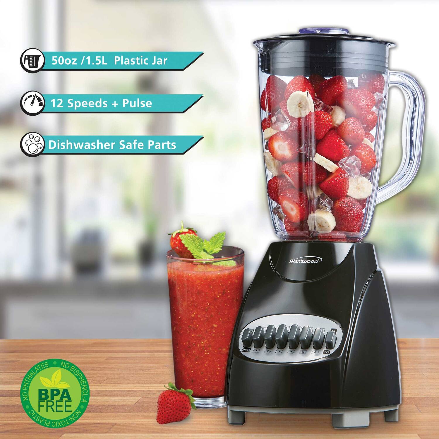 50oz / 1.5L Plastic Jar  
12 Speeds + Pulse  
Dishwasher Safe Parts  

Brentwood  
NO PHTHALATES  
NO BISPHENOL-A  
BPA FREE  
NON-TOXIC PLASTIC