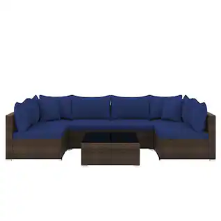 Costway - 7 PCS Patio Rattan Furniture Set Sectional Sofa Cushioned Garden - Mix Brown,Navy