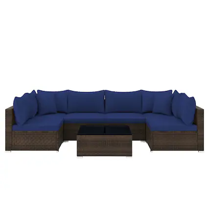 Front. Costway - 7 PCS Patio Rattan Furniture Set Sectional Sofa Cushioned Garden - Mix Brown,Navy.