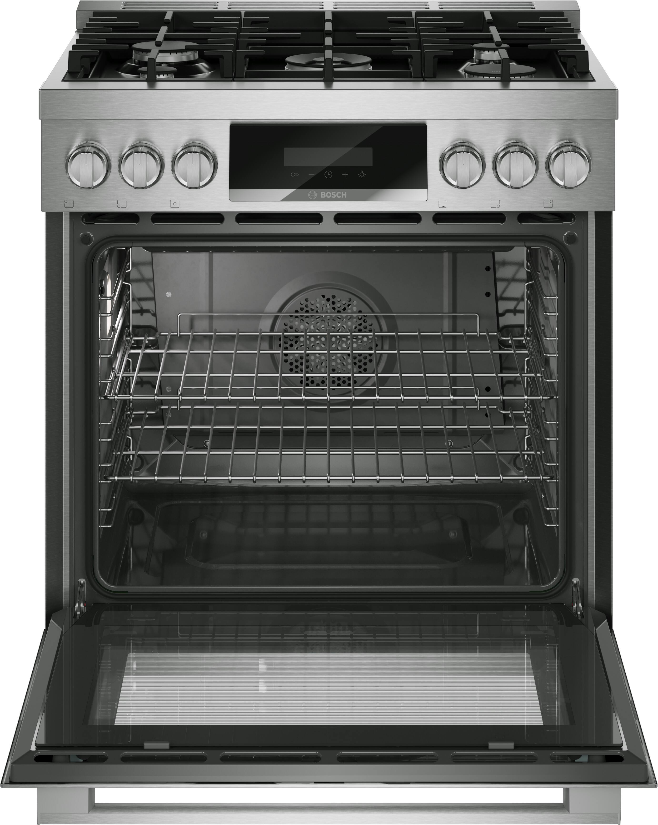 Alt View 3. Bosch - 800 Series 30 in. Wide 2.8 Cu. Ft. Industrial Style Dual Fuel True Convection Range with 5 Burners - Stainless Steel.