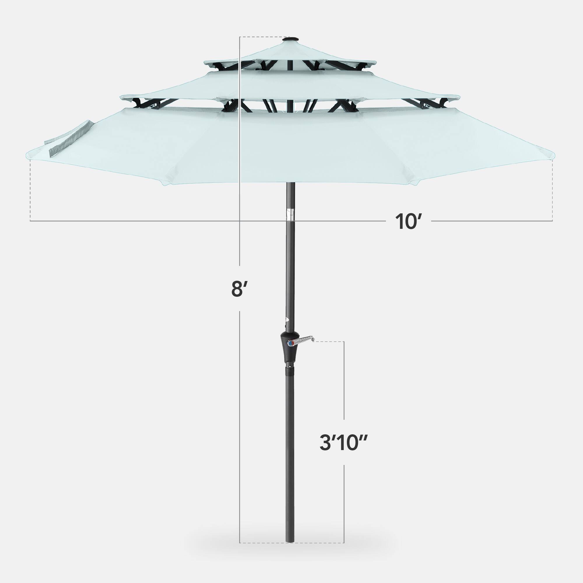 The dimensions of the umbrella are:

- Width: 10 feet
- Depth: 8 feet
- Height: 3 feet 10 inches