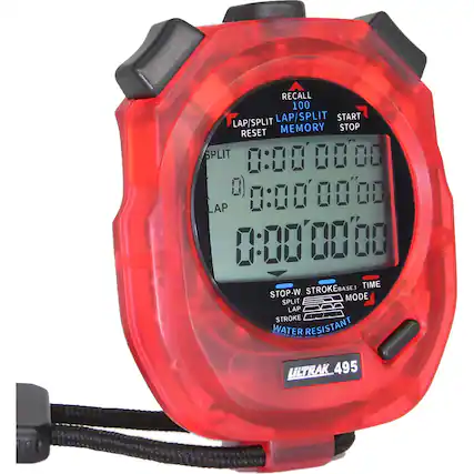 RECALL 100 LAP/SPLIT START MEMORY STOP RESET SPLIT 0:000000 0) 0:0000'00 0:00 AP 0:000000 STROKE BASE TIME STOP-W MODE SPLIT LAP STROKE WATER RESISTANT ULTRAK 495