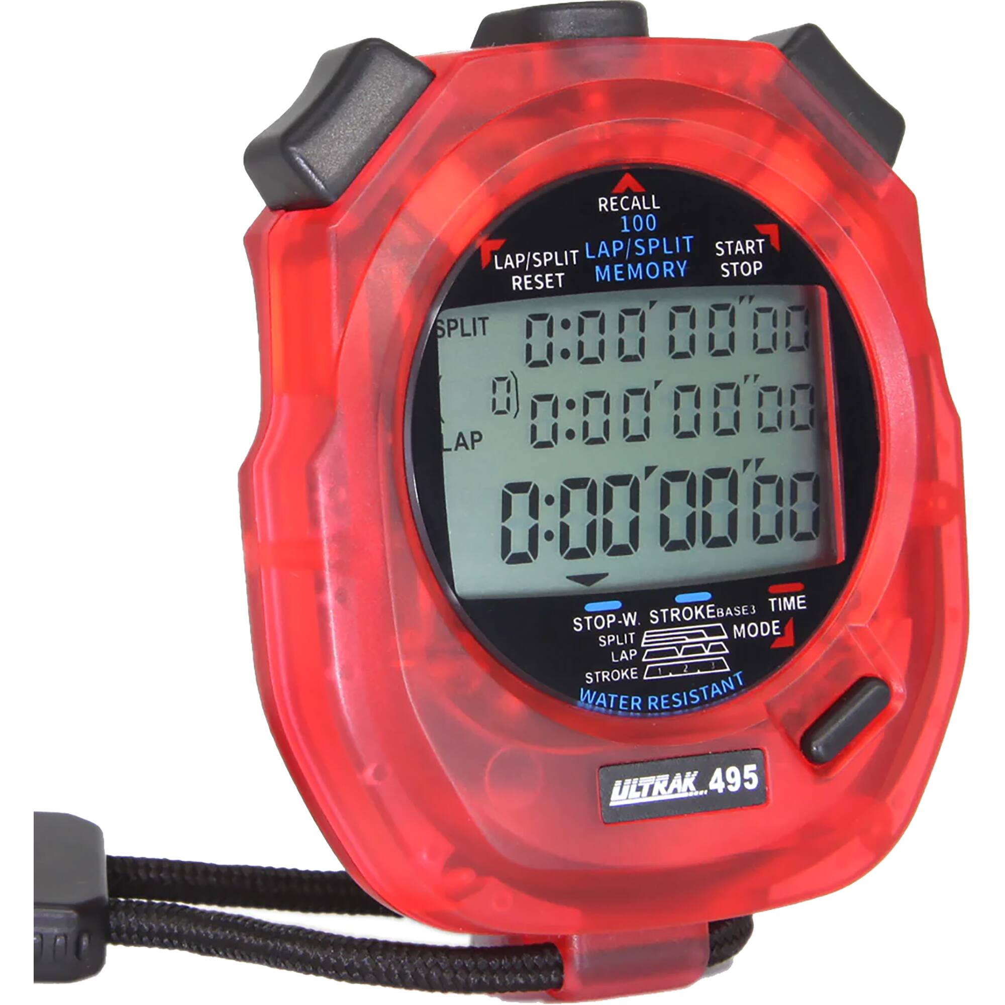 RECALL 100 LAP/SPLIT START MEMORY STOP RESET SPLIT 0:000000 0) 0:0000'00 0:00 AP 0:000000 STROKE BASE TIME STOP-W MODE SPLIT LAP STROKE WATER RESISTANT ULTRAK 495