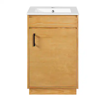 Front. Boyel Living - 20 Inch Farmhouse Style Bathroom Vanity with Ceramic Sink and Single Door Cabinet Natural Wood - Brown.