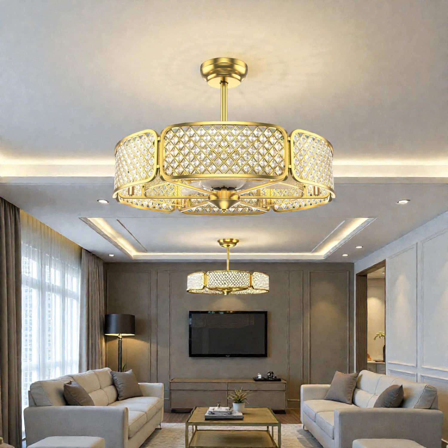 BreeBe - Decorative 30-Inch Ceiling Fan with Crystal-Encrusted Cage and 6-Light Fixture - Golden