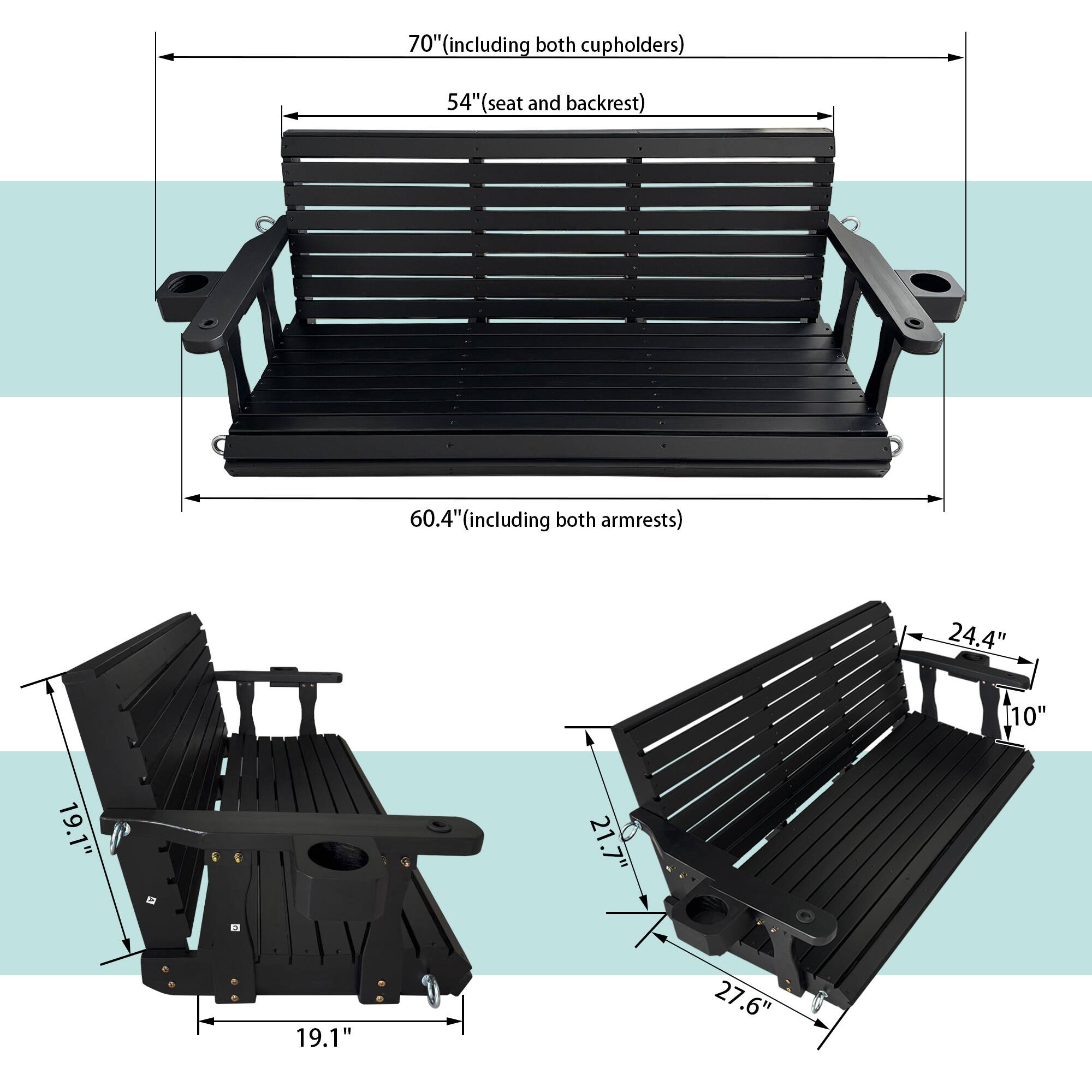 70" (including both cupholders)  
54" (seat and backrest)  
60.4" (including both armrests)  
24.4"  
10"  
19.1"  
21.7"  
19.1"  
27.6"
