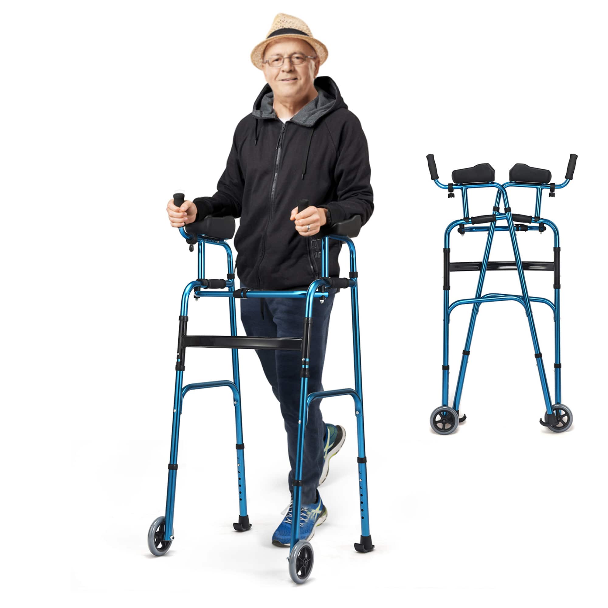 Gymax - Folding Walker Adjustable Walking Frame Aluminum Walking Aid w/ Wheels - Blue