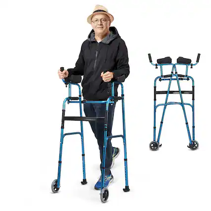 Front. Gymax - Gymax Folding Walker Adjustable Walking Frame Aluminum Walking Aid w/ Wheels Blue - Blue.