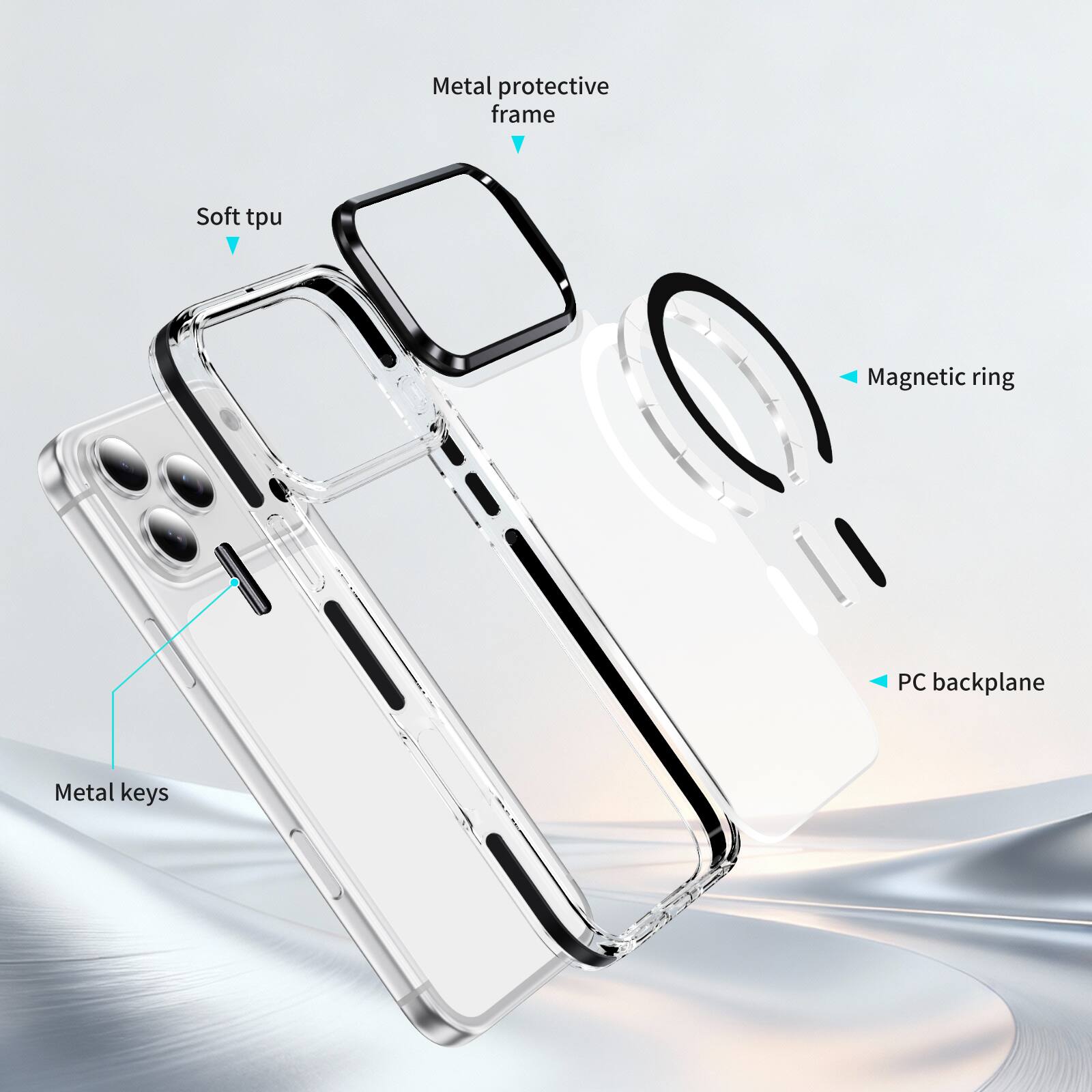 Metal protective frame  
Soft tpu  
Magnetic ring  
PC backplane  
Metal keys