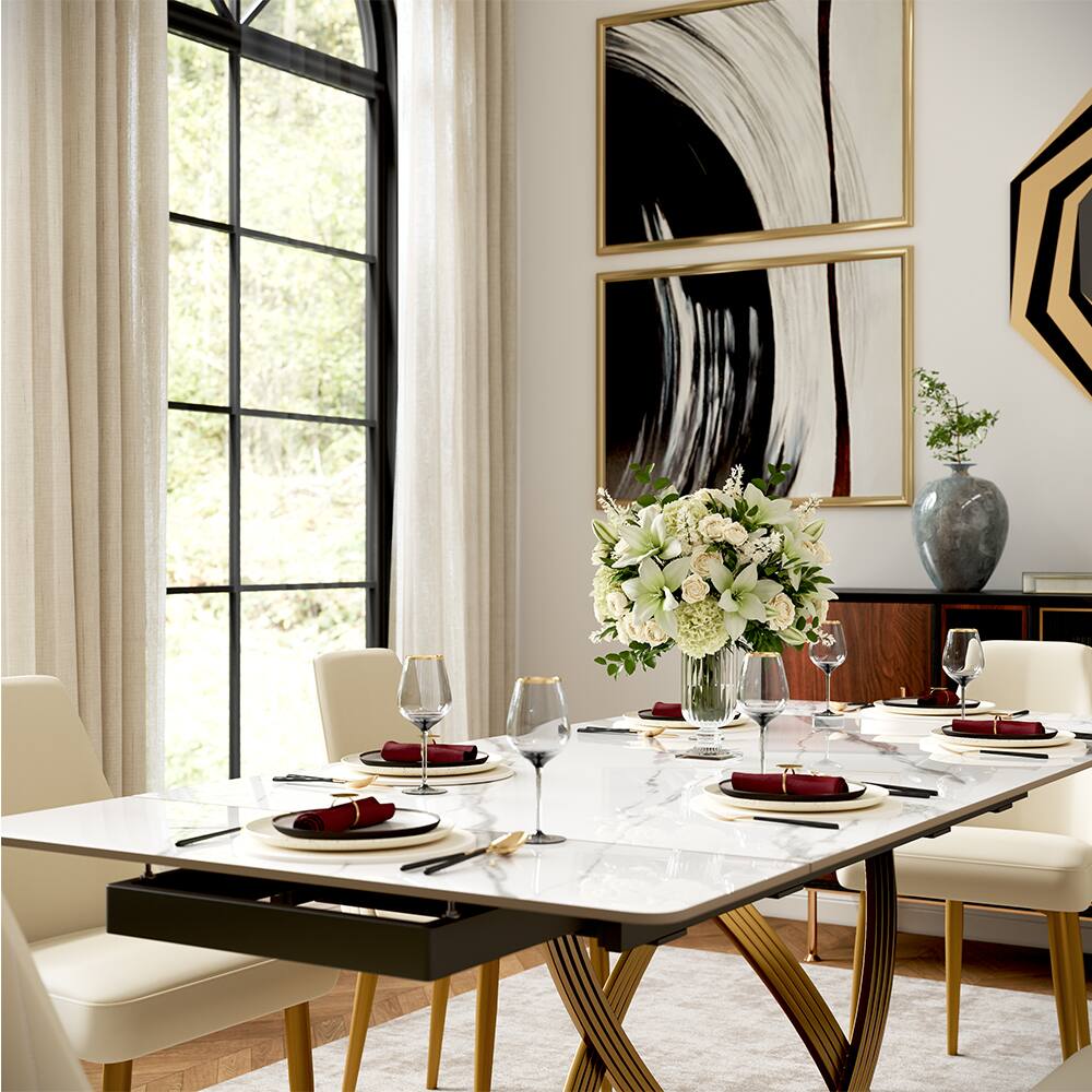 Alt View 6. POVISON - 55"-79" Modern Luxury Extendable Dining Table for 4-6, White Glossy Sintered Stone Top with Titanium Gold X-Base - White.