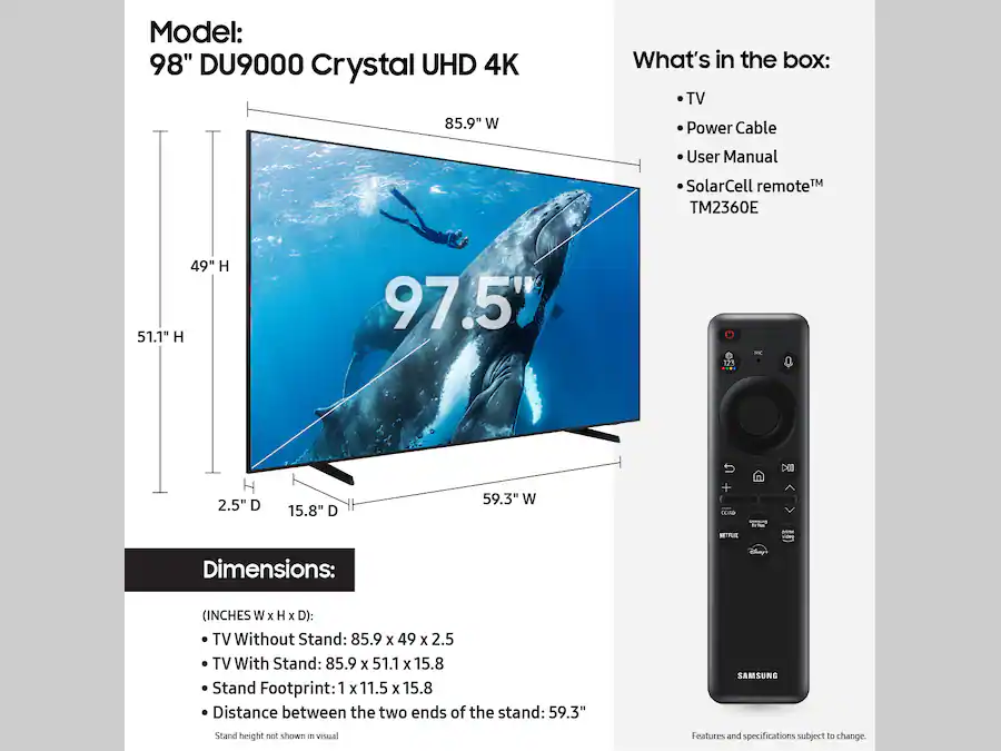 Uhd Dimensions Samsung 98” Class DU9000 Series Crystal UHD Smart Tizen TV (2024 ...