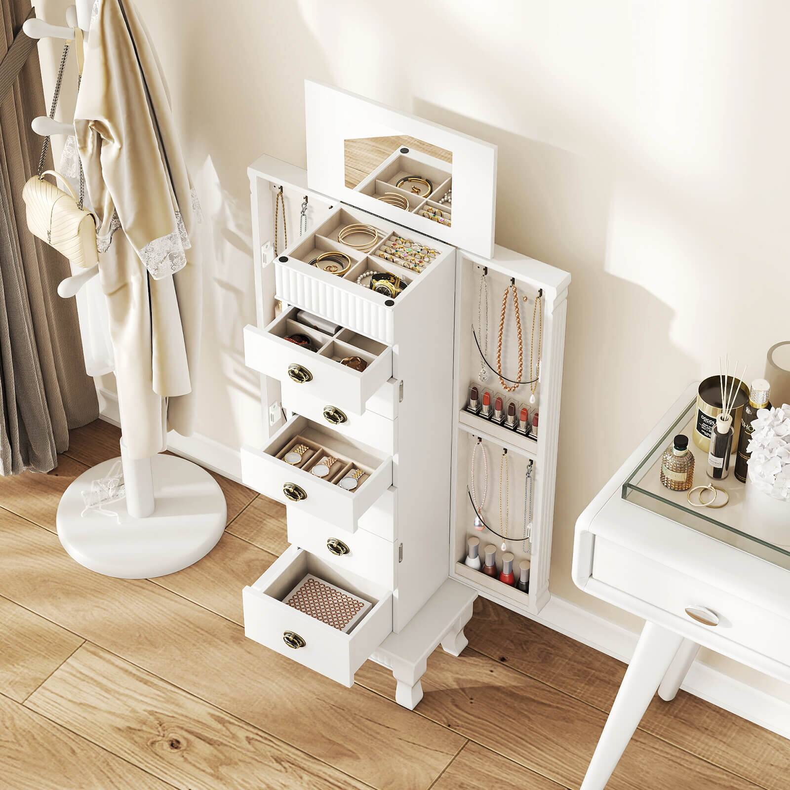 Alt View 4. Costway - Costway Jewelry Cabinet Armoire Box Storage Chest Stand Organizer Wood Christmas Gift - White.