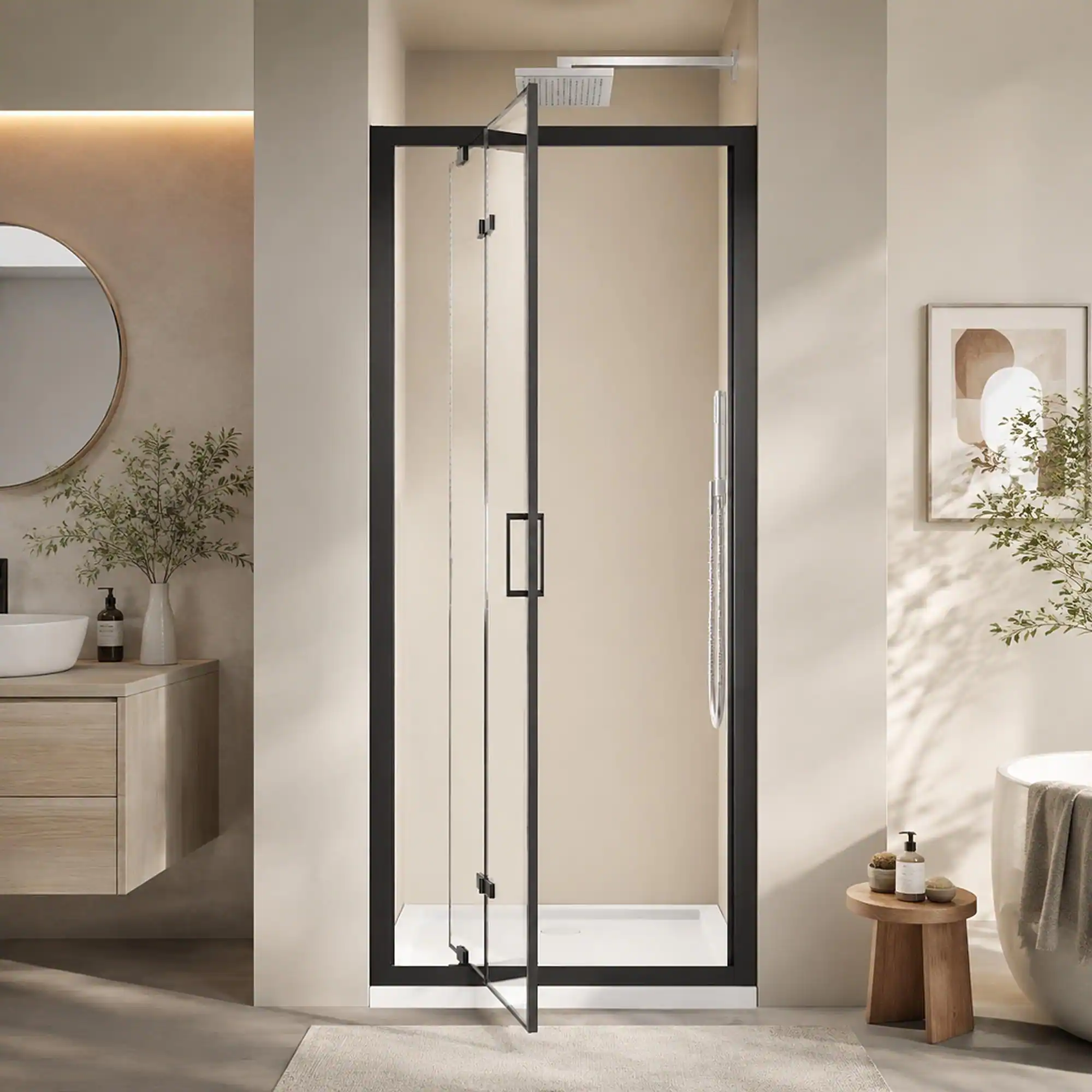 Front. RYHNUYNE - 32 In X 72 In Framed Bi-Fold Pivot Shower Door, 1/4 In Clear Tempered Glass With Handle Black Finish - Matt Black.
