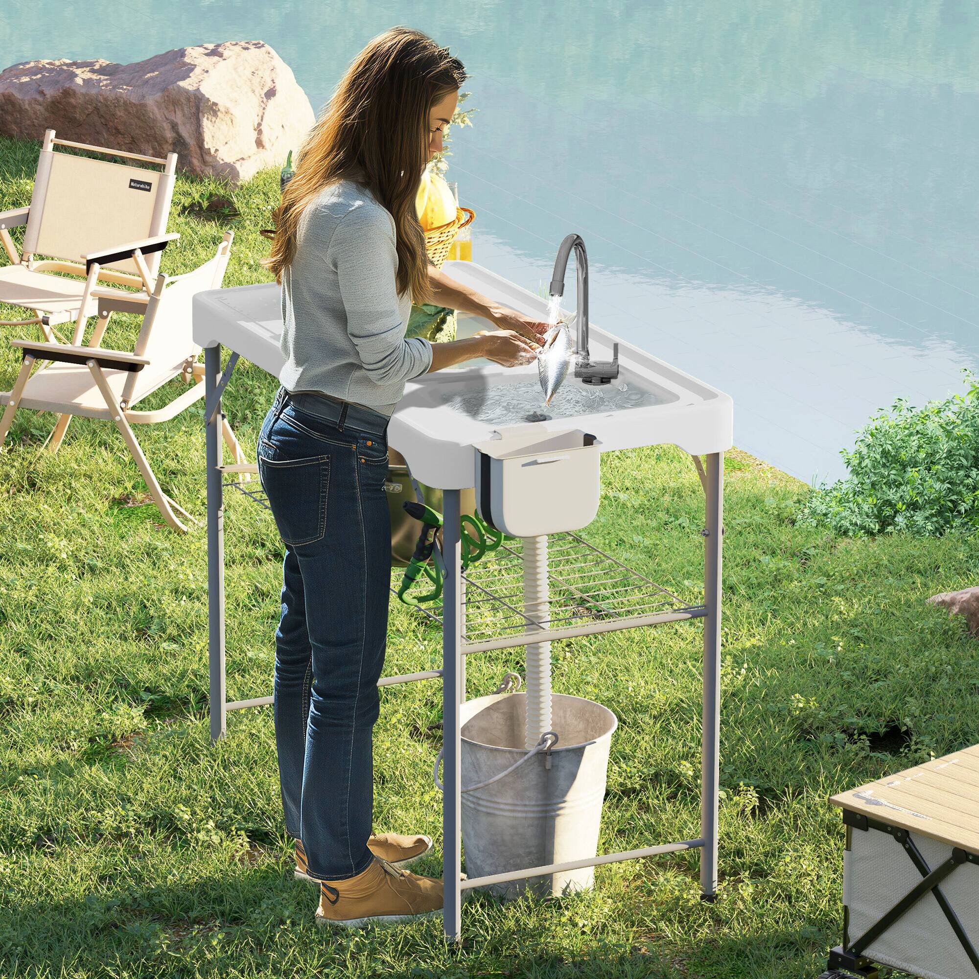 Alt View 1. Outsunny - Folding Fish Cleaning Table with Sinks, Portable Camping Sink Table with Faucet, Drainage Hose, Sprayer, Shelf - White.