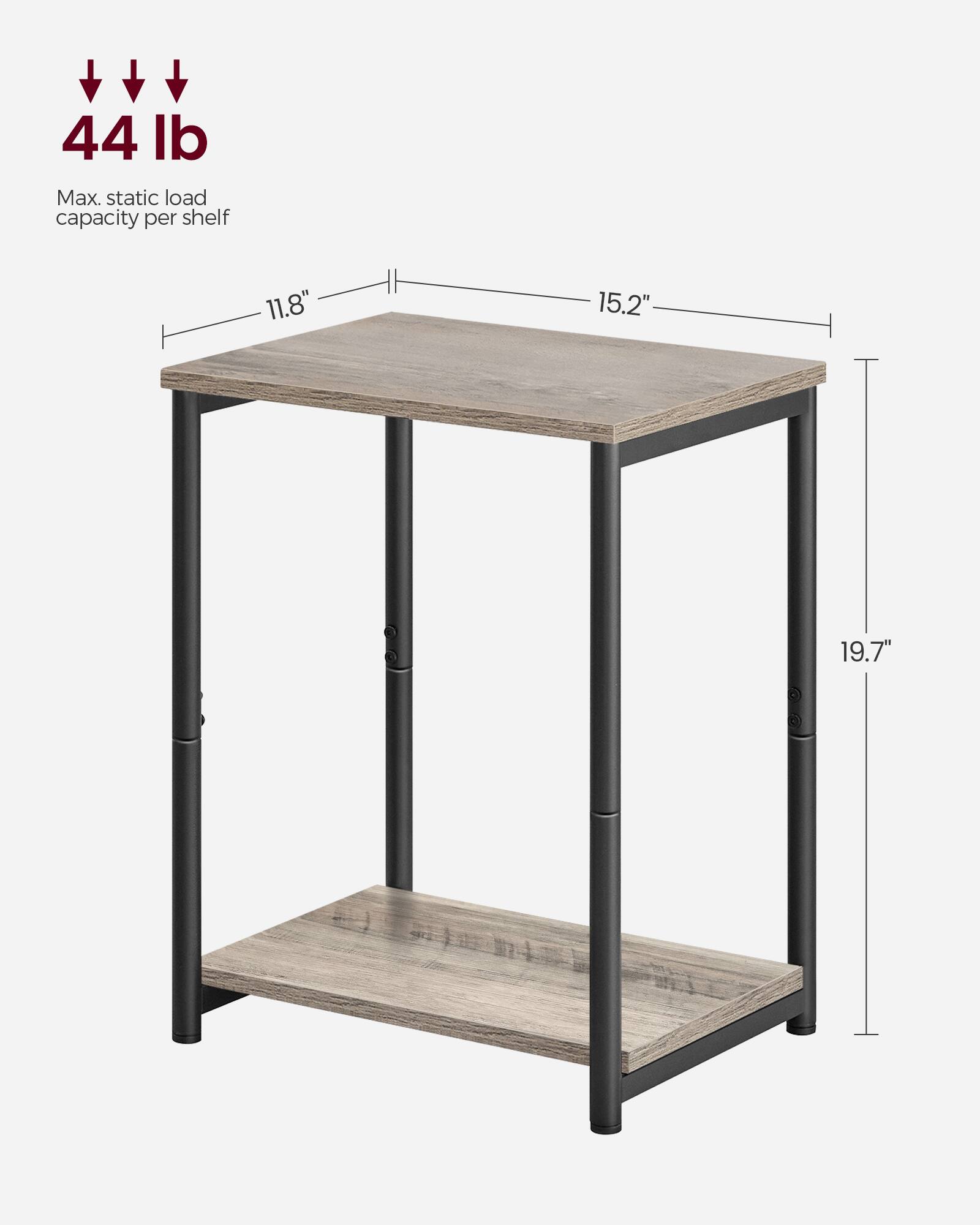 44 lb Max. static load capacity per shelf  
11.8" x 15.2"  
19.7"