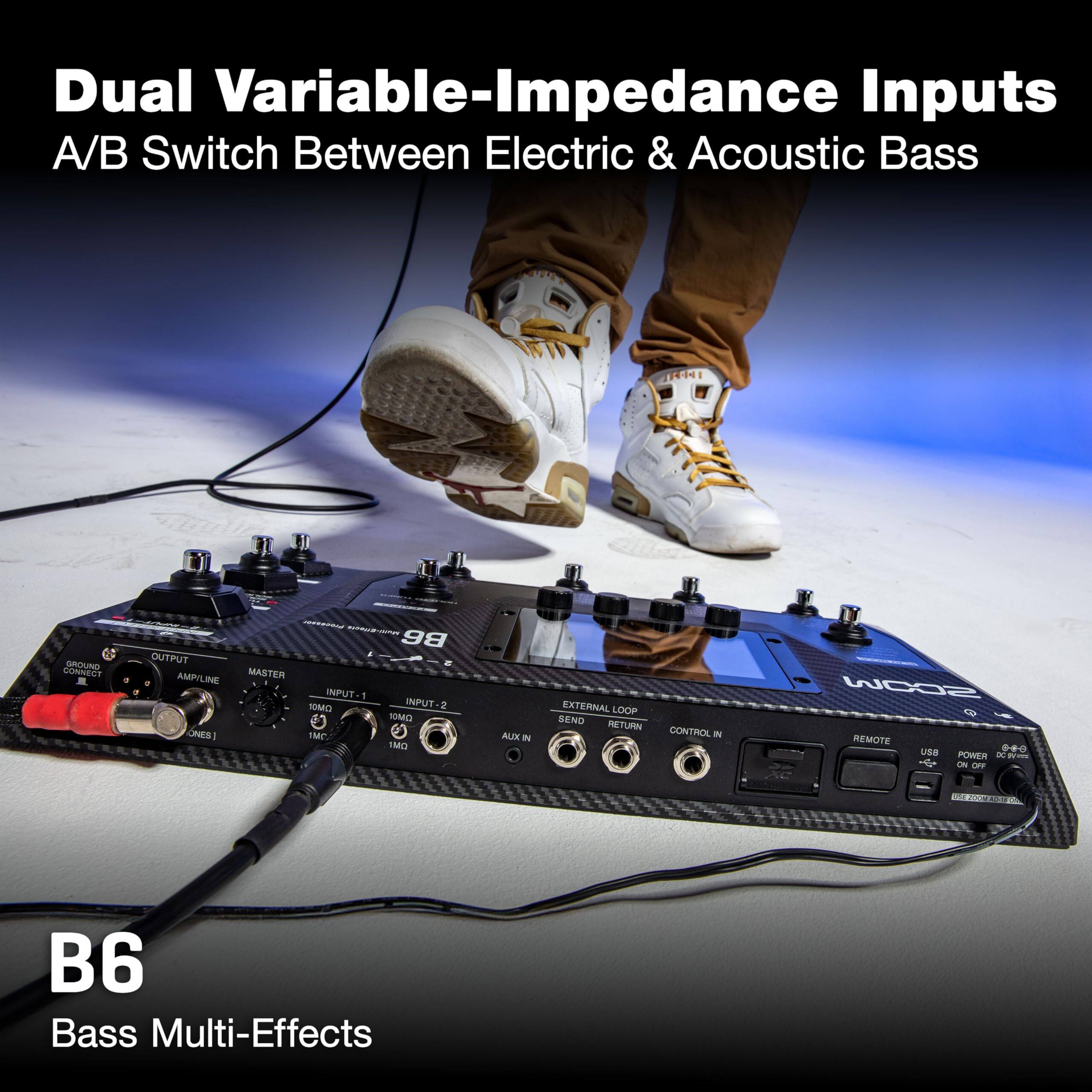 Dual Variable-Impedance Inputs  
A/B Switch Between Electric & Acoustic Bass  

TRAAT  
GROUND CONVECT  
CONCER - PRESSENDY  
www.good  

B6 OUTPUT AMP/LINE  
MASTER INPUT 1 10MQ  
INPUT 2 10MQ  
ONES] IMC. 1MQ  
AUX, IN  
EXTERNAL LOOP SEND RETURN CONTROL N  
PRODUCT SCOW REMOTE USB 600 POWER 00 99 ON OFF  

B6 Bass Multi-Effects