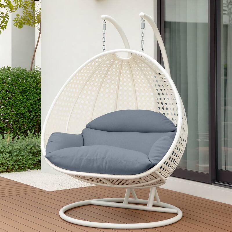 Angle. LeisureMod - Leisuremod Modern 2-Person Outdoor Egg Swing White Wicker Chair with Stand, Plush Washable Cushions & Waterproof Cover - Charcoal Blue.