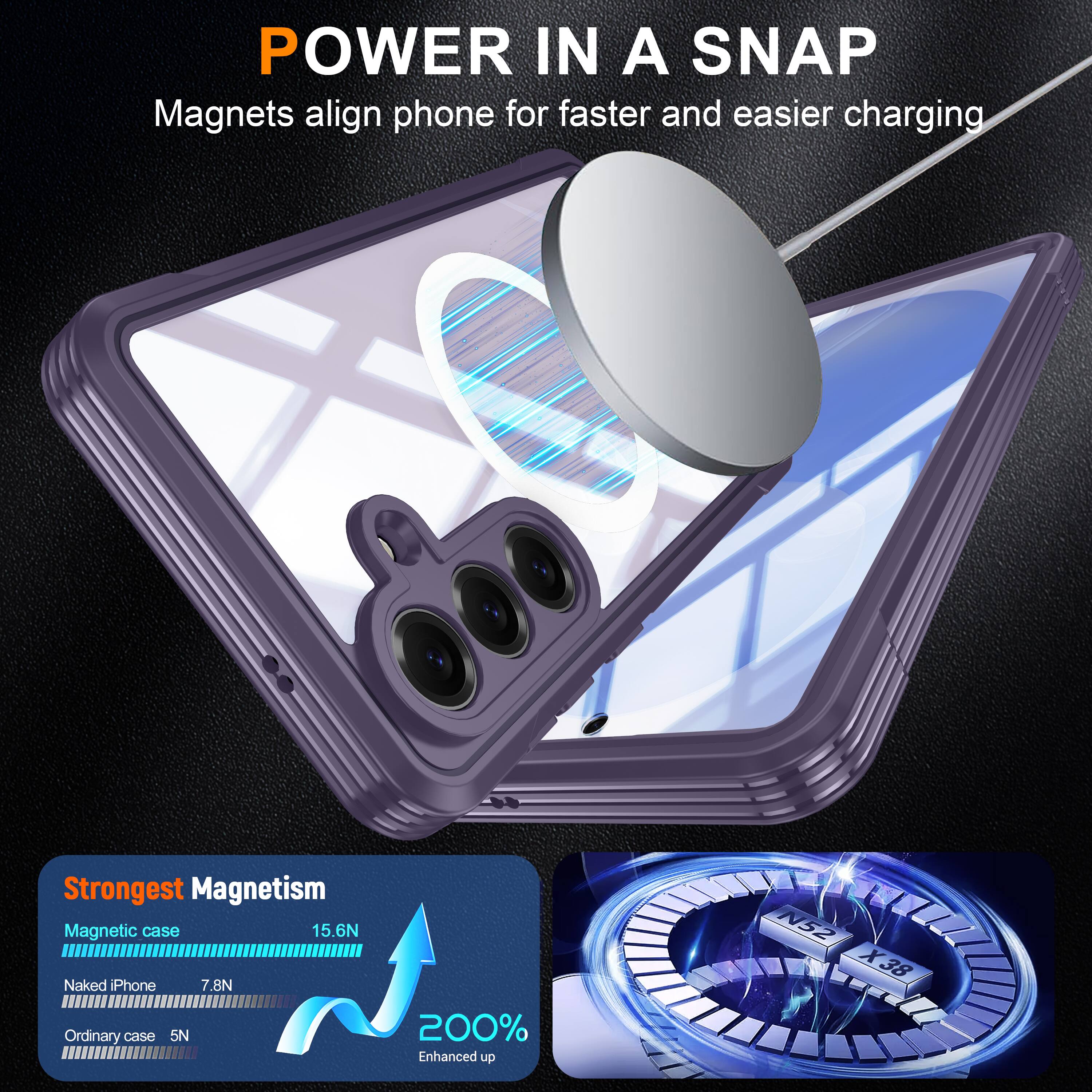 POWER IN A SNAP  
Magnets align phone for faster and easier charging  

Strongest Magnetism  
Magnetic case 15.6N  
Naked iPhone 7.8N  
Ordinary case 5N  

200% Enhanced up  
N52 X38