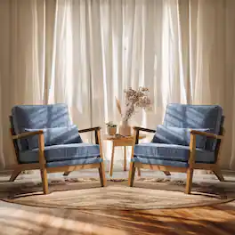 Winado - Set of 2 Solid Wood Wide Armrests Accent Mid Century Modern Chair,with Pillow,Reading Chair for Living Room,Bedroom - Chenille-Dark Blue