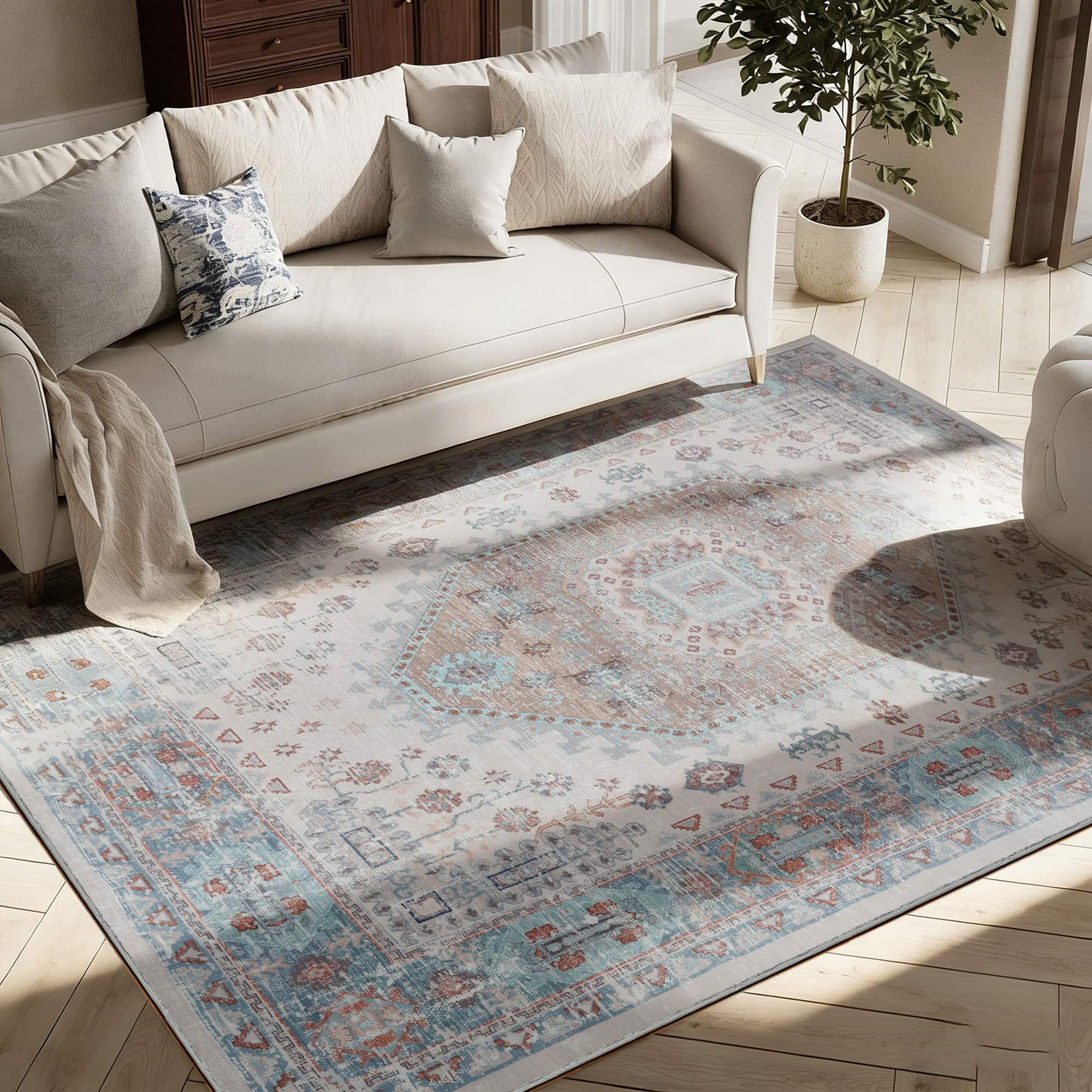 RYHNUYNE - Washable Rugs 5x7 Area Rugs for Living Room, Stain Resistant Thin Carpe, Soft Rugs for Nursery Home Office - Turquoise