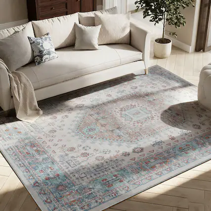 Front. RYHNUYNE - Washable Rugs 5x7 Area Rugs for Living Room, Stain Resistant Thin Carpe, Turquoise Soft Rugs for Nursery Home Office - Turquoise.