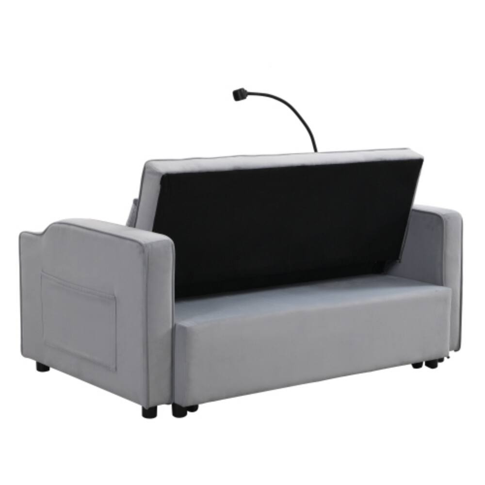 Alt View 4. LUCKY ONE - Modern Velvet 3-in-1 Loveseat Futon Sofa Bed w/ Pullout Bed USB & Phone Holder - Light Gray.