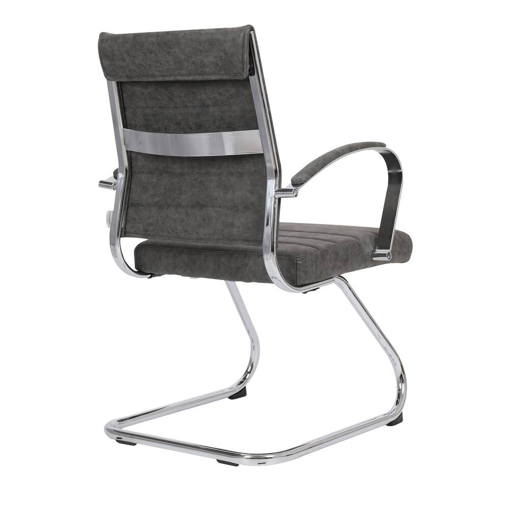 Alt View 5. LeisureMod - Benmar Office Chair, Ribbed Leather Upholstery with Chrome Arms and Sled Base, Modern Desk Seating for Home or Office - Charcoal.