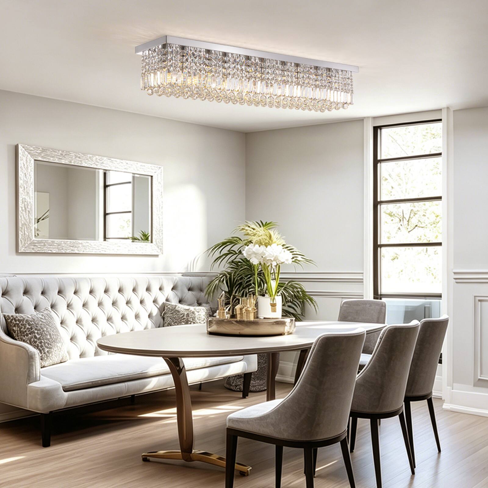 Alt View 3. Siljoy - 47.2" 10-Light Chrome K9 Crystal Linear Chandelier, Dimmable E12 Flush Mount Ceiling Light for Dining Living Room - Chrome.