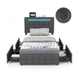 Ecooso - Queen Upholstered Bed Frame with LED Headboard and Four Storage Drawers - Gray