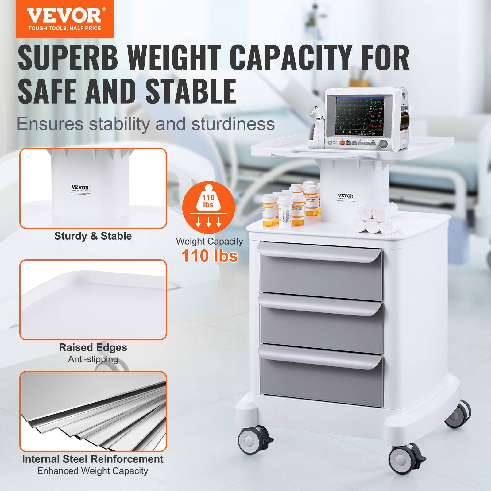 VEVOR TOUGH TOOLS, HALF PRICE SUPERB WEIGHT CAPACITY FOR SAFE AND STABLE Ensures stability and sturdiness
VEVOR 110 lbs
VEVOR Sturdy & Stable Weight Capacity 110 lbs
Raised Edges Anti-slipping
Internal Steel Reinforcement Enhanced Weight Capacity