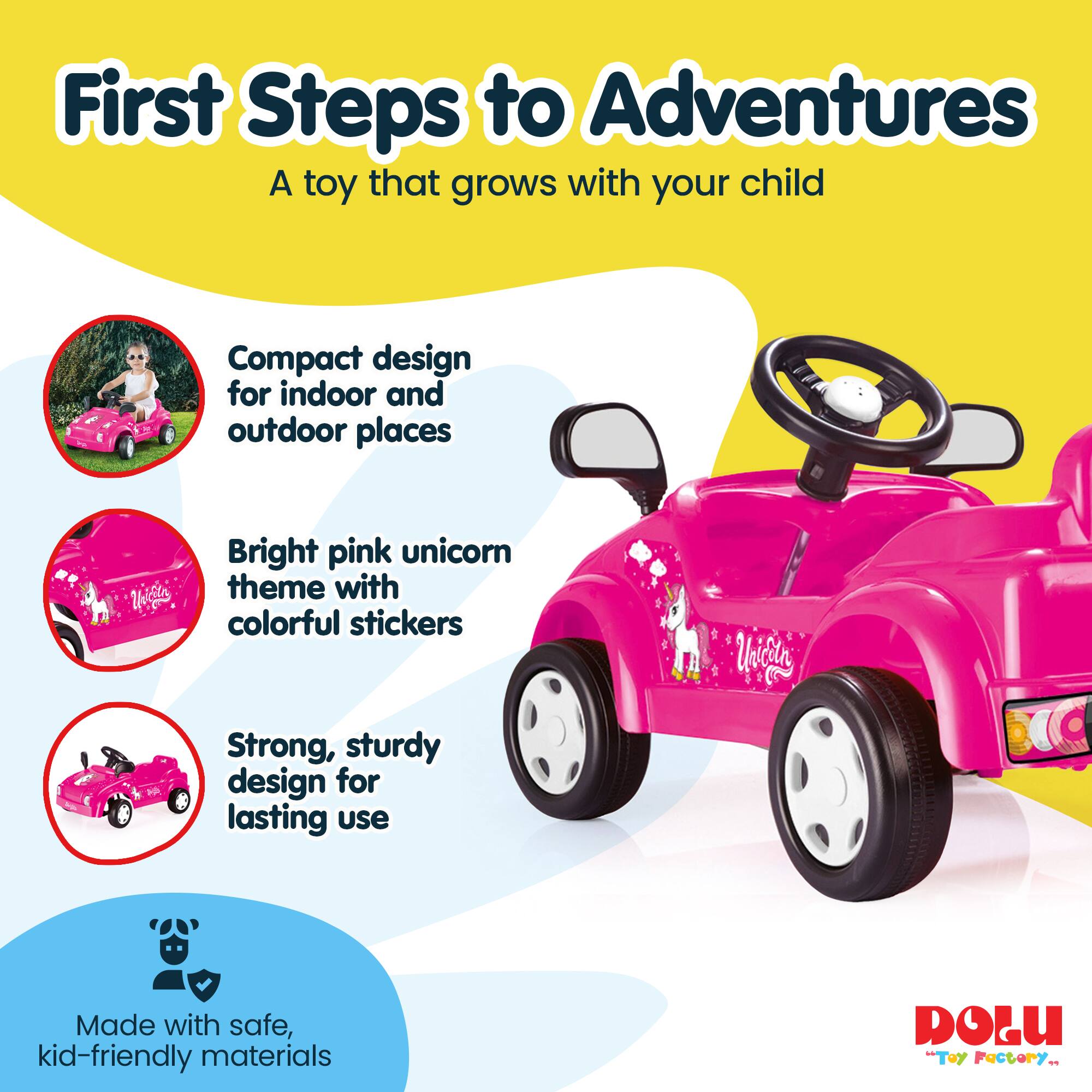 First Steps to Adventures  
A toy that grows with your child  

Compact design for indoor and outdoor places  

Bright pink unicorn theme with colorful stickers  

Strong, sturdy design for lasting use  

Made with safe, kid-friendly materials  

DOLU "Toy Factory"