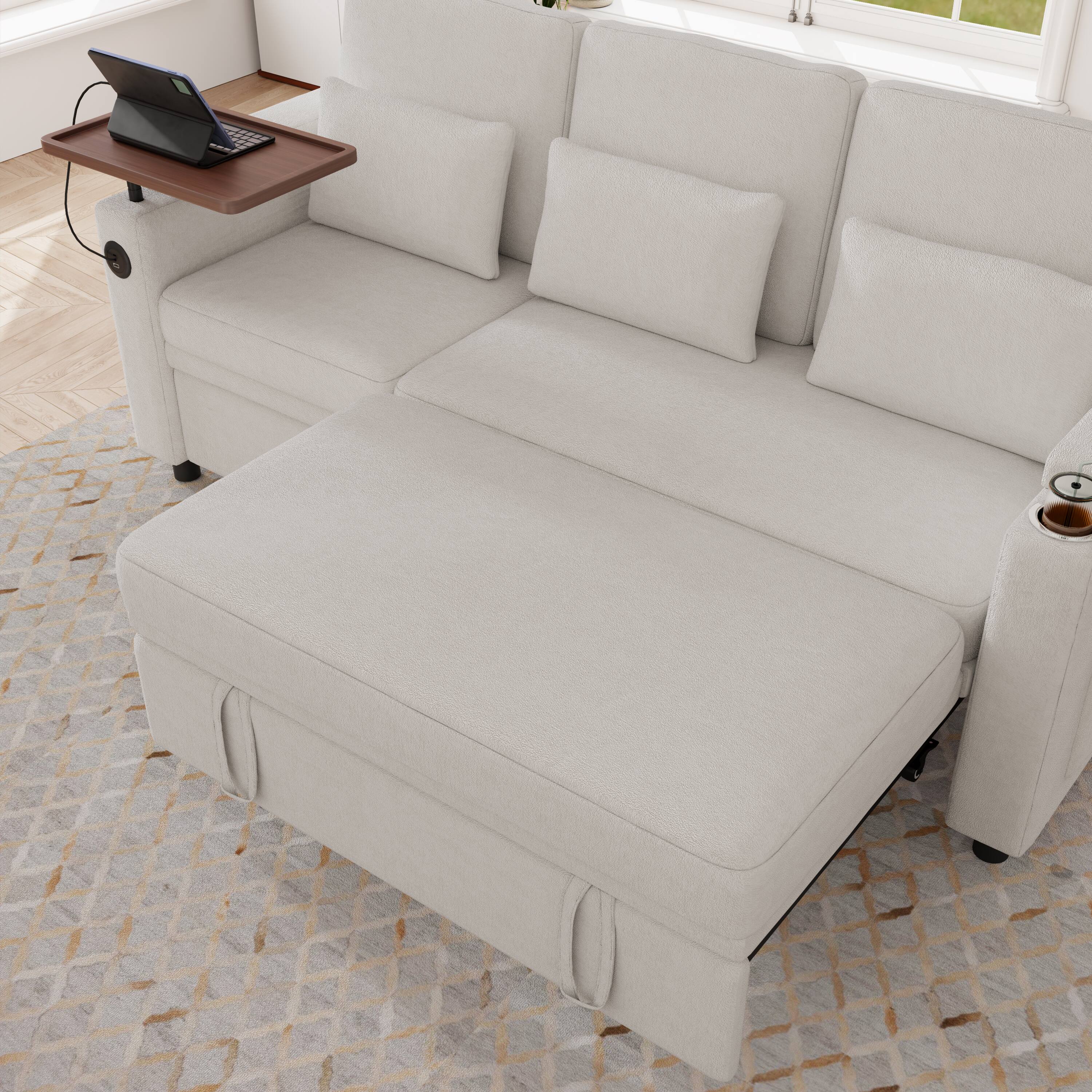 Left. Anysun - 81" 3-in-1 Foldable 3-Seater Sofa Bed, Table Board, USB Ports, Storage Armrests, Adjustable Backrest, Chenille - White.