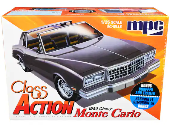 Sure, here is the corrected and grouped text from the image:
---
**Class Action**
1980 Chevy Monte Carlo
**1/25 Scale**
Échelle
**1 Plastic Kit / 1 Trousse en Plastique**
**BONUS**
Chopper and Trailer
Hachoir et Remorque en Bonus
**MPC**
---
This text is organized to reflect the information on the box, including the model name, scale, kit details, and bonus items.